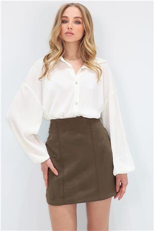 Kadın Haki Nervür Dikişli Süet Mini Etek ALC-X13545
