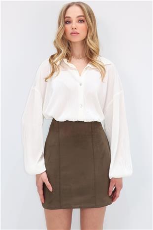 Kadın Haki Nervür Dikişli Süet Mini Etek ALC-X13545