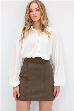 Kadın Haki Nervür Dikişli Süet Mini Etek ALC-X13545