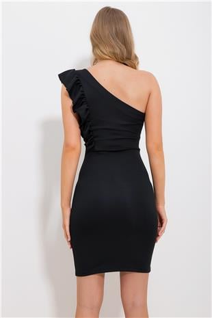 Kadın Siyah Omzu Fırfır Detaylı Tek Omuz Örme Elbise ALC-X11689