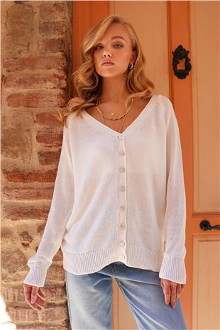 Kadın Beyaz Ön Arka V Yaka Düğme Detaylı Triko Bluz ALC-X14467