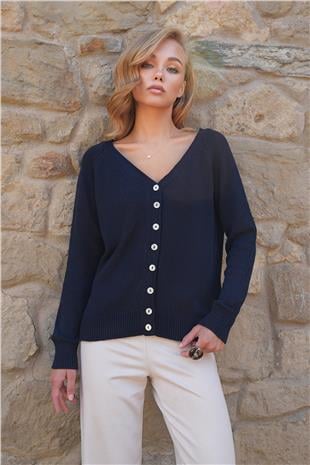 Kadın Lacivert Ön Arka V Yaka Düğme Detaylı Triko Bluz ALC-X14467