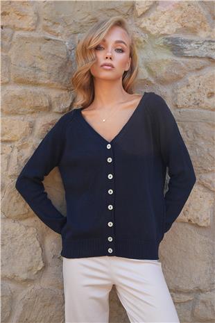 Kadın Lacivert Ön Arka V Yaka Düğme Detaylı Triko Bluz ALC-X14467