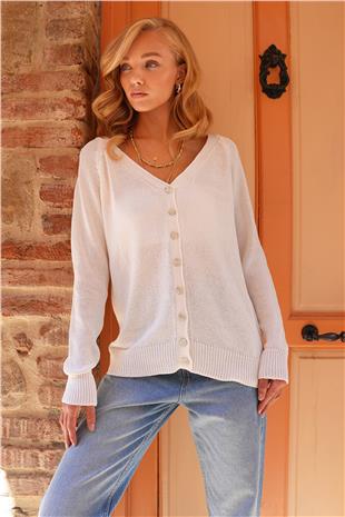 Kadın Beyaz Ön Arka V Yaka Düğme Detaylı Triko Bluz ALC-X14467
