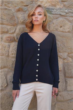Kadın Lacivert Ön Arka V Yaka Düğme Detaylı Triko Bluz ALC-X14467