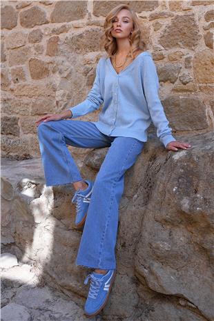 Kadın Mavi Ön Arka V Yaka Düğme Detaylı Triko Bluz ALC-X14467