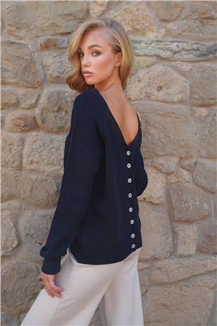 Kadın Lacivert Ön Arka V Yaka Düğme Detaylı Triko Bluz ALC-X14467
