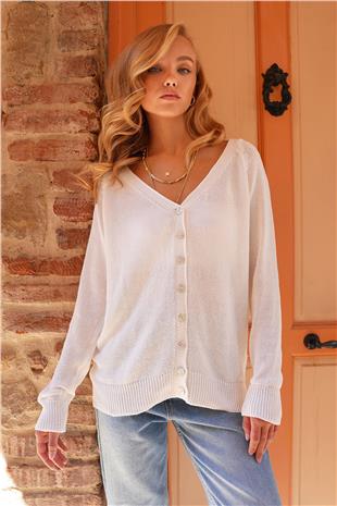 Kadın Beyaz Ön Arka V Yaka Düğme Detaylı Triko Bluz ALC-X14467
