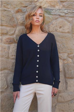 Kadın Lacivert Ön Arka V Yaka Düğme Detaylı Triko Bluz ALC-X14467