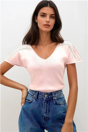 Kadın Pembe Ön Arka V Yaka Omuzu Ajurlu Triko Bluz ALC-X13381
