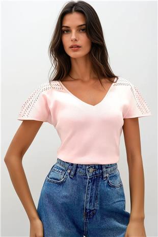 Kadın Pembe Ön Arka V Yaka Omuzu Ajurlu Triko Bluz ALC-X13381