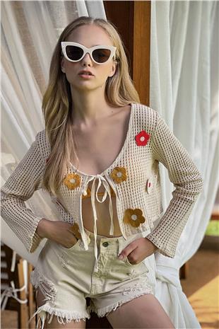 Kadın Bej Önü Bağcıklı Çiçek Motifli Kroşe Hırka  ALC-X8910