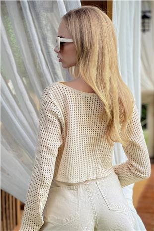 Kadın Bej Önü Bağcıklı Çiçek Motifli Kroşe Hırka  ALC-X8910