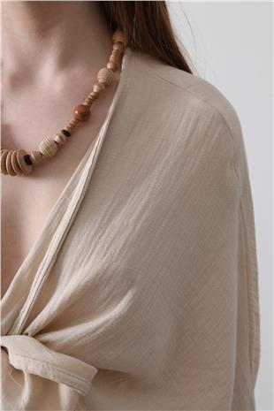 Kadın Bej Önü Bağlama Detaylı Uzun Kollu Bluz VS00455