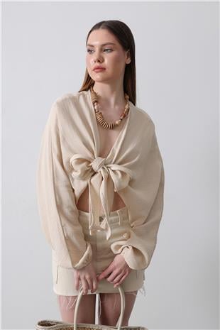 Kadın Bej Önü Bağlama Detaylı Uzun Kollu Bluz VS00455