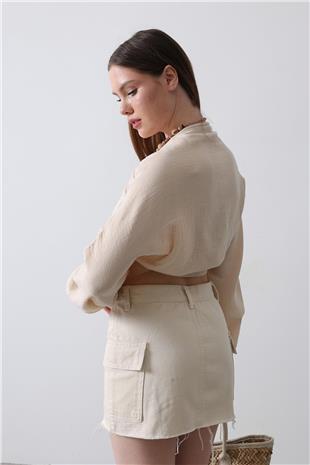 Kadın Bej Önü Bağlama Detaylı Uzun Kollu Bluz VS00455