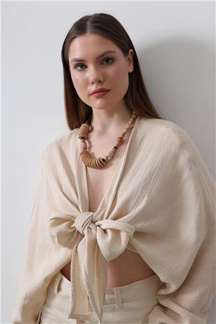 Kadın Bej Önü Bağlama Detaylı Uzun Kollu Bluz VS00455