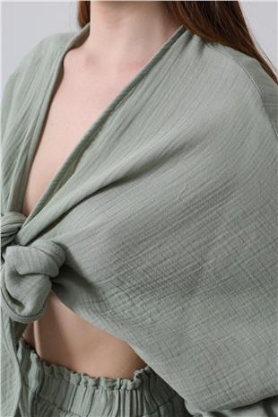 Kadın Haki Önü Bağlama Detaylı Uzun Kollu Bluz VS00455