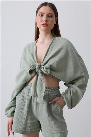 Kadın Haki Önü Bağlama Detaylı Uzun Kollu Bluz VS00455