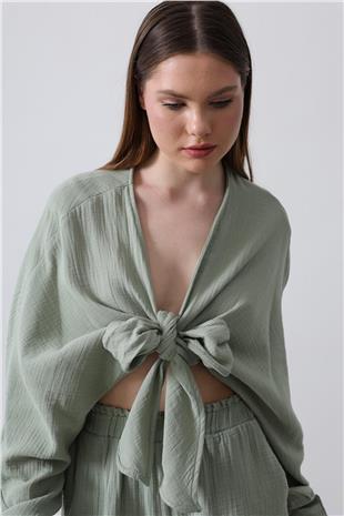 Kadın Haki Önü Bağlama Detaylı Uzun Kollu Bluz VS00455