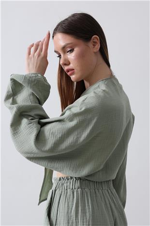 Kadın Haki Önü Bağlama Detaylı Uzun Kollu Bluz VS00455