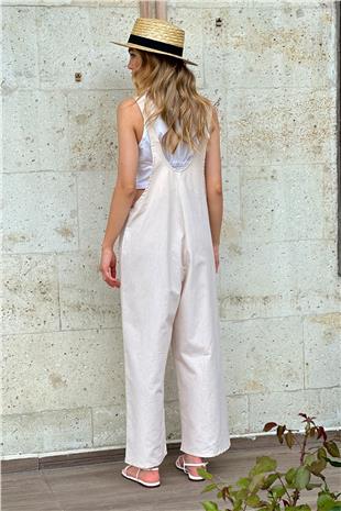 Kadın Krem Önü Cepli Askılı Gabardin Bahçıvan Tulum ALC-X12186