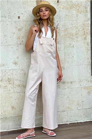 Kadın Krem Önü Cepli Askılı Gabardin Bahçıvan Tulum ALC-X12186