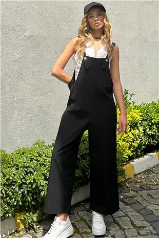 Kadın Siyah Önü Cepli Askılı Gabardin Bahçıvan Tulum ALC-X12186