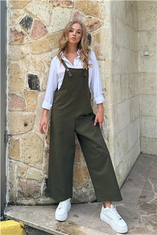 Kadın Haki Önü Cepli Askılı Gabardin Bahçıvan Tulum ALC-X12186