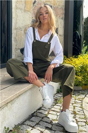 Kadın Haki Önü Cepli Askılı Gabardin Bahçıvan Tulum ALC-X12186