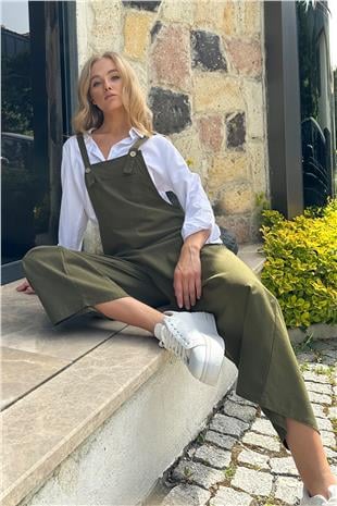 Kadın Haki Önü Cepli Askılı Gabardin Bahçıvan Tulum ALC-X12186