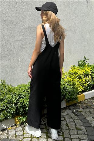 Kadın Siyah Önü Cepli Askılı Gabardin Bahçıvan Tulum ALC-X12186