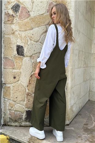 Kadın Haki Önü Cepli Askılı Gabardin Bahçıvan Tulum ALC-X12186