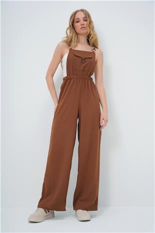 Kadın Acı Kahve Önü Cepli Askılı Halka Detaylı Aerobin Salopet Pantolon ALC-X13581