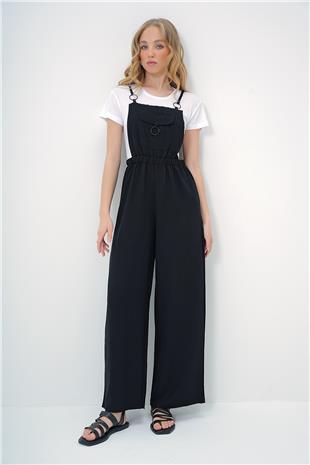 Kadın Siyah Önü Cepli Askılı Halka Detaylı Aerobin Salopet Pantolon ALC-X13581