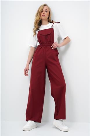 Kadın Bordo Önü Cepli Askılı Halka Detaylı Aerobin Salopet Pantolon ALC-X13581
