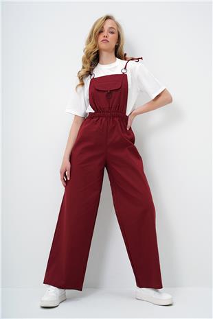 Kadın Bordo Önü Cepli Askılı Halka Detaylı Aerobin Salopet Pantolon ALC-X13581