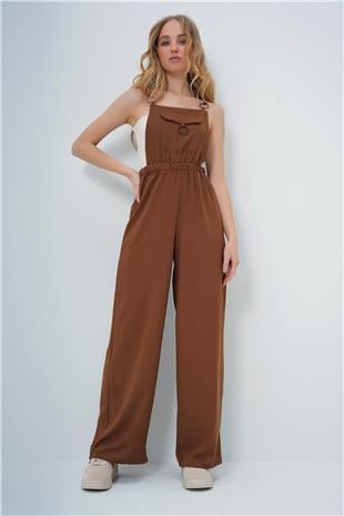 Kadın Acı Kahve Önü Cepli Askılı Halka Detaylı Aerobin Salopet Pantolon ALC-X13581