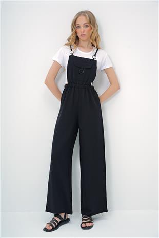 Kadın Siyah Önü Cepli Askılı Halka Detaylı Aerobin Salopet Pantolon ALC-X13581