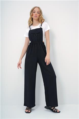 Kadın Siyah Önü Cepli Askılı Halka Detaylı Aerobin Salopet Pantolon ALC-X13581