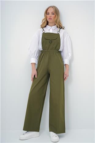 Kadın Haki Önü Cepli Askılı Halka Detaylı Aerobin Salopet Pantolon ALC-X13581