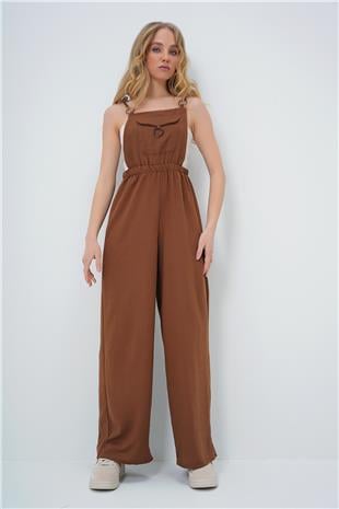Kadın Acı Kahve Önü Cepli Askılı Halka Detaylı Aerobin Salopet Pantolon ALC-X13581
