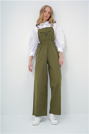 Kadın Haki Önü Cepli Askılı Halka Detaylı Aerobin Salopet Pantolon ALC-X13581