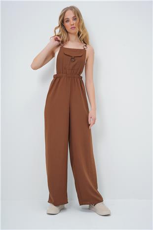 Kadın Acı Kahve Önü Cepli Askılı Halka Detaylı Aerobin Salopet Pantolon ALC-X13581