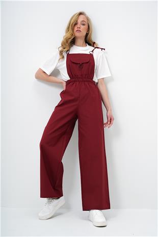 Kadın Bordo Önü Cepli Askılı Halka Detaylı Aerobin Salopet Pantolon ALC-X13581