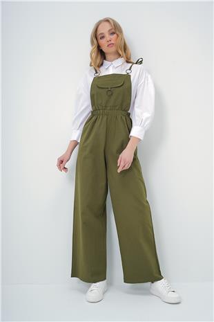 Kadın Haki Önü Cepli Askılı Halka Detaylı Aerobin Salopet Pantolon ALC-X13581