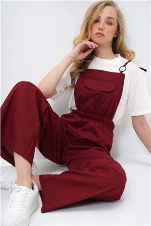 Kadın Bordo Önü Cepli Askılı Halka Detaylı Aerobin Salopet Pantolon ALC-X13581