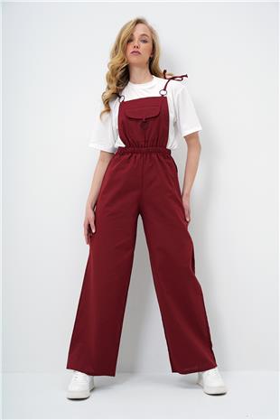 Kadın Bordo Önü Cepli Askılı Halka Detaylı Aerobin Salopet Pantolon ALC-X13581