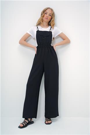 Kadın Siyah Önü Cepli Askılı Halka Detaylı Aerobin Salopet Pantolon ALC-X13581