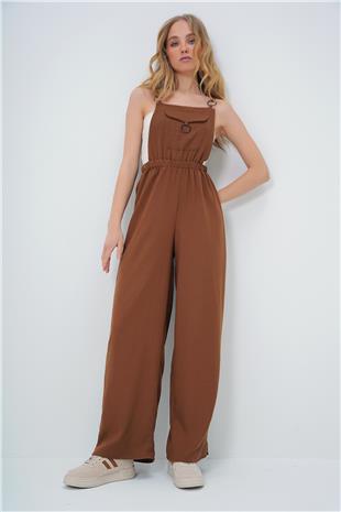 Kadın Acı Kahve Önü Cepli Askılı Halka Detaylı Aerobin Salopet Pantolon ALC-X13581